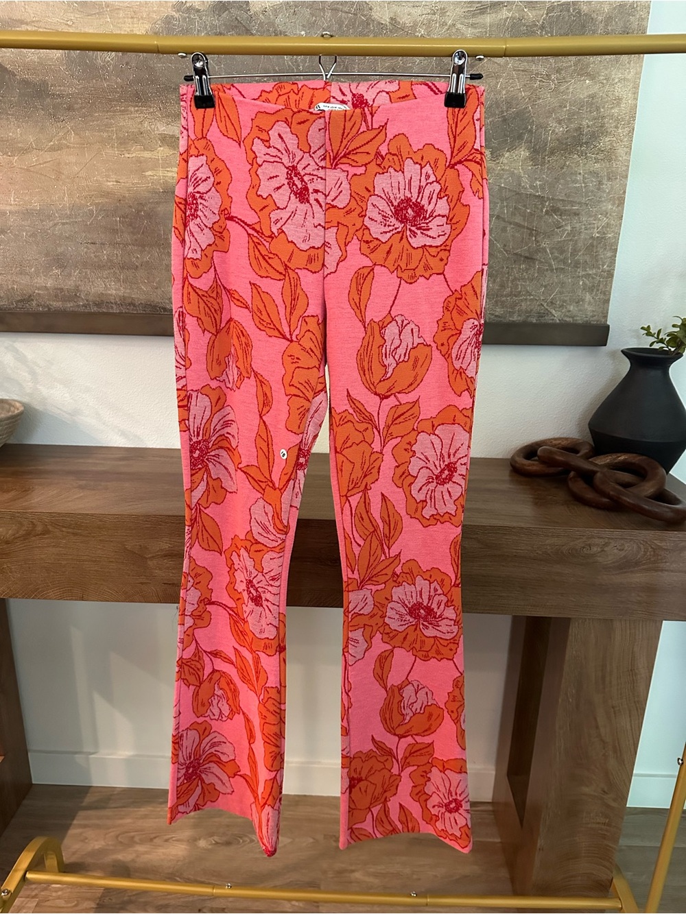 Zara Pink & Orange Floral Boot Cut Knit Pants